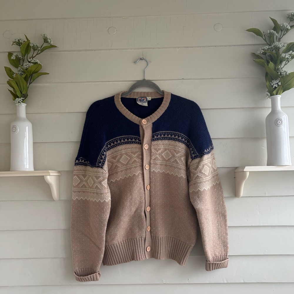 Vintage ARC Actionwear Men’s Beige and Blue Nordic Wool Cardigan Sweater Size L - Picture 2 of 11